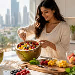 Women Making summer refreshment salads using gulf fruits premium cut fruits