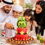 Family cutting gulf fruits Labubu healthy cake