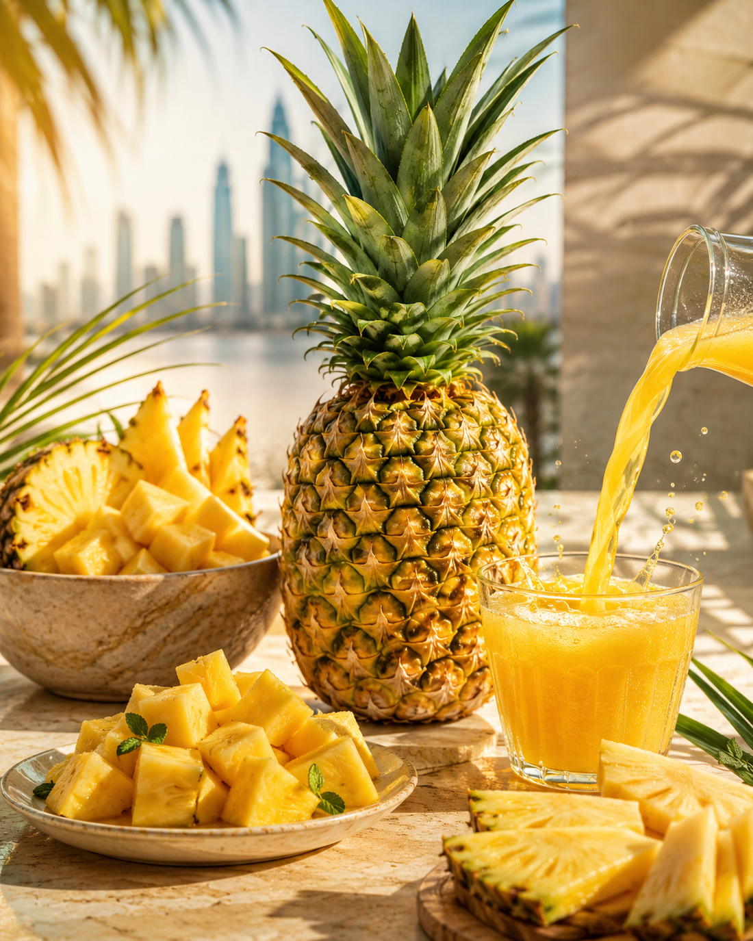 gulf fruits pineapple placed on table with pineapple cuts and fresh juice