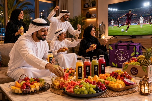 Family watching match by eating gulf fruits fresh juice and premium fruits platters 