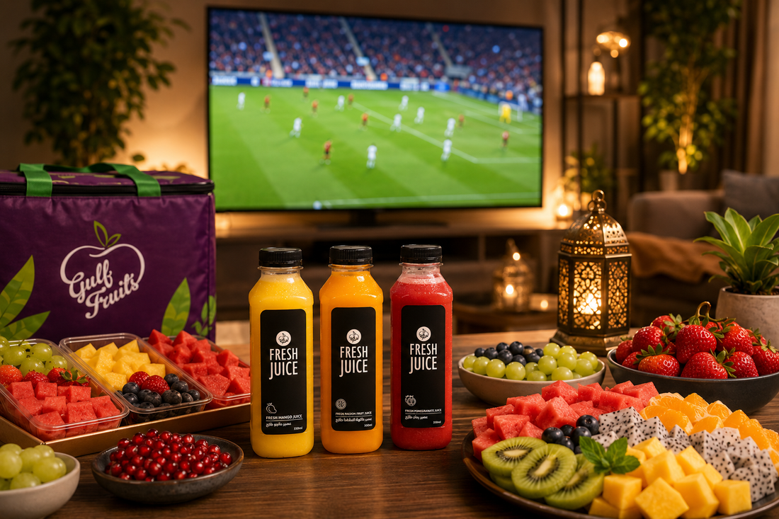 Cut fruits and platters and juices of gulf fruits are places on table while watching football match
