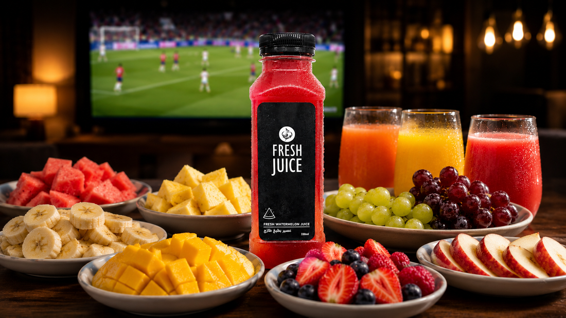 Gulf fruits fresh juice and cut fruits are placed on table top and background is football match