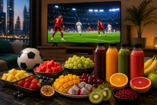 Gulf fruit's fresh juices and premium cut fruits are placed on table and background of watching football match 