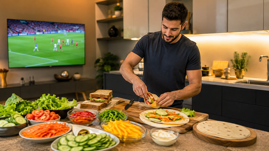 A guy making food using Gulf fruits cut vegetables for match nights