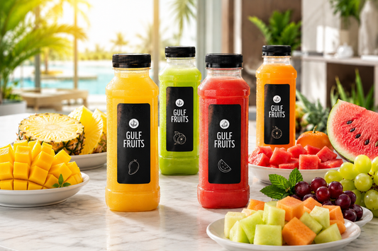 Gulf fruits fresh juices and cut fruits are placed on table  