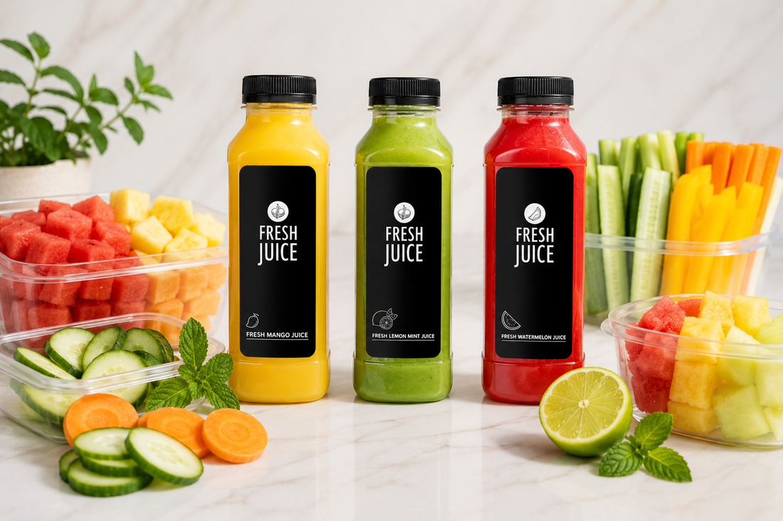 Gulf fruits fresh juice and premium cut fruits and and sliced vegetable placed on table