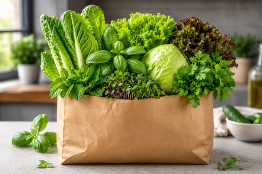 A bag full of herbs and lettuce and microgreens from Gulf fruits
