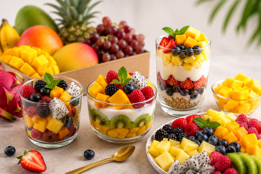 Cur fruits and Fruits and dessert made by fruits from gulf fruits placed on white marble