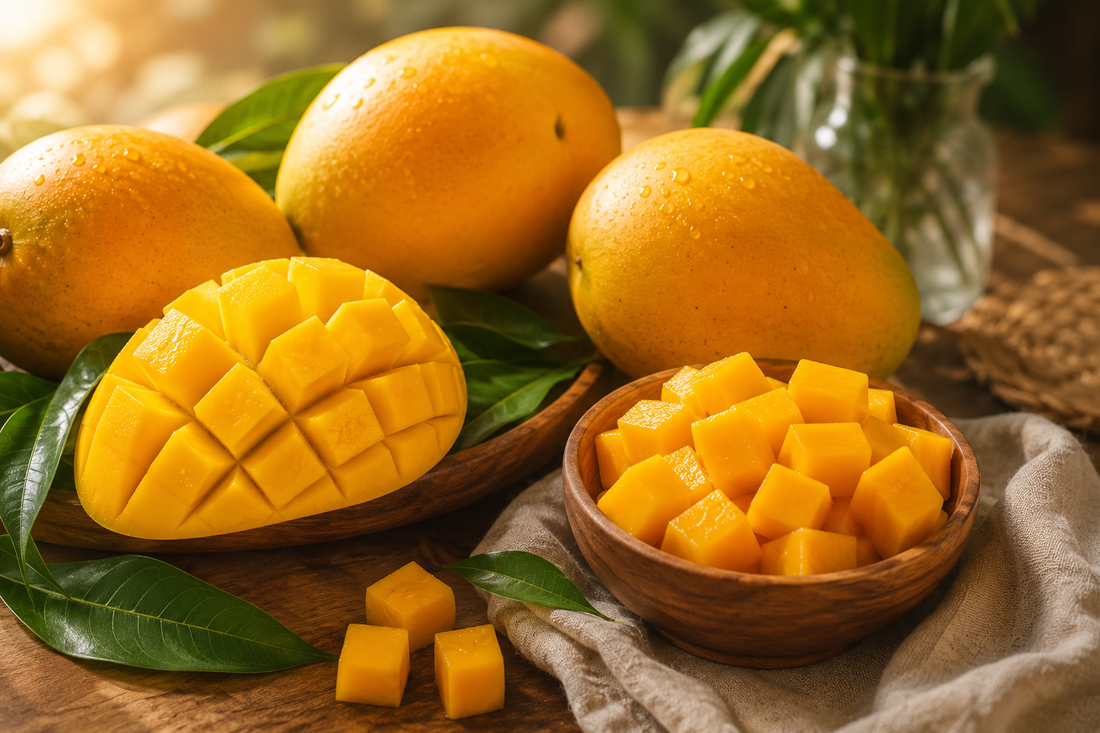 Gulf fruits mango and mango cube are placed in wooden bowl
