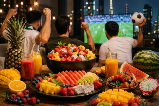 On a match night people watching match in television by having gulf fruits fresh cut fruits and fresh juice  
