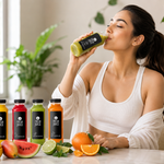 Fresh Gulf Fruits juices in vibrant colours displayed with matching fresh fruits on a table.