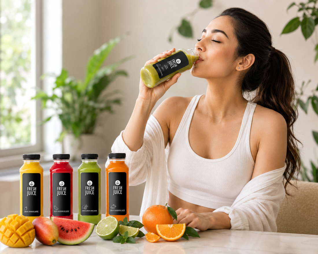 Fresh Gulf Fruits juices in vibrant colours displayed with matching fresh fruits on a table.