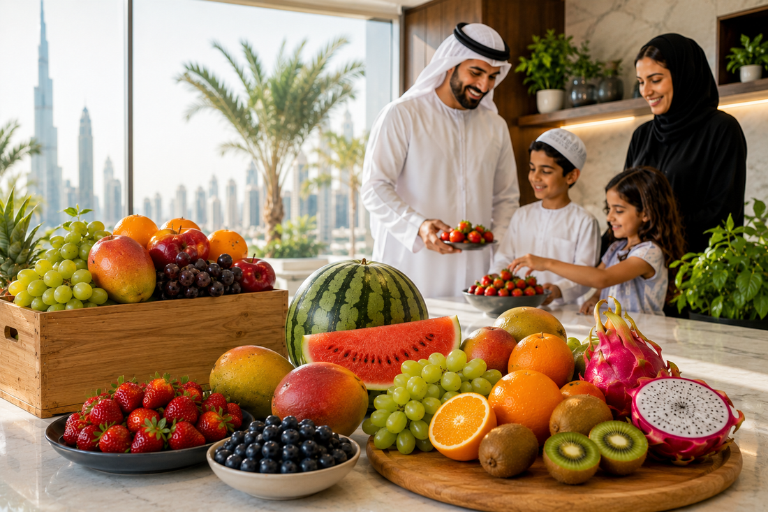 Family in a modern UAE kitchen preparing fresh premium fruits like berries, grapes, kiwi and mangoes.
