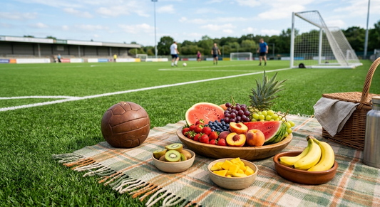 Gulf fruits fresh fruit picnic setup on a football field with watermelon, berries, grapes and a vintage football.