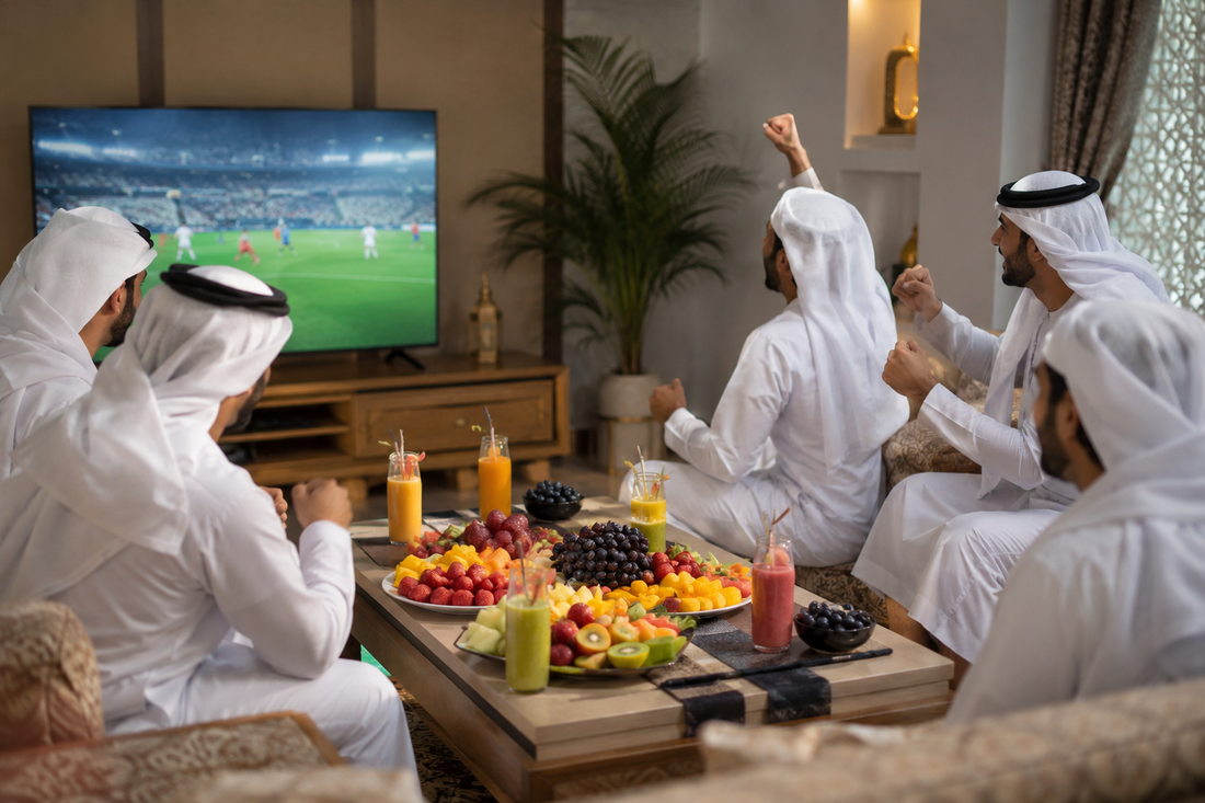 Friends watching world cup together having gulf fruits ripe premium fruits and fresh juices 