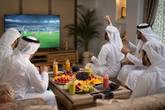Friends watching world cup together having gulf fruits ripe premium fruits and fresh juices 