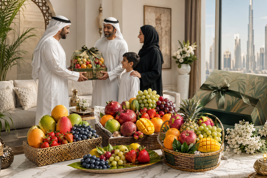 Family presenting gulf fruits premium fresh fruit gift basket in a modern UAE home setting.