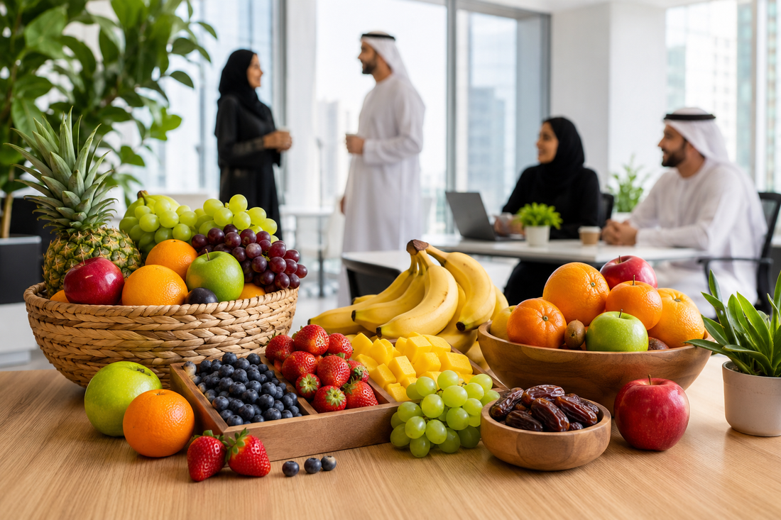 In a Office Gulf fruits provide office subscription fruits and dates and some workers are working in background