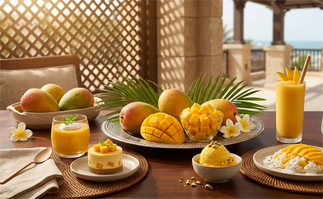 Gulf fruits summer mango collection featuring fresh mangoes, mango juice, and sliced mangoes on table 