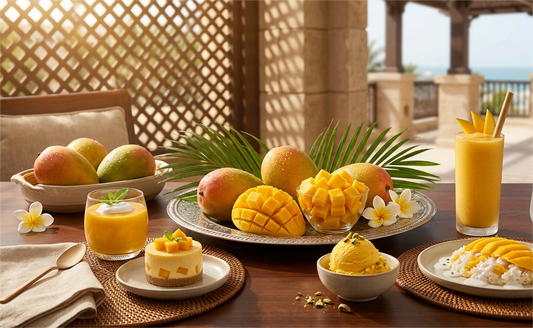 Gulf fruits summer mango collection featuring fresh mangoes, mango juice, and sliced mangoes on table 