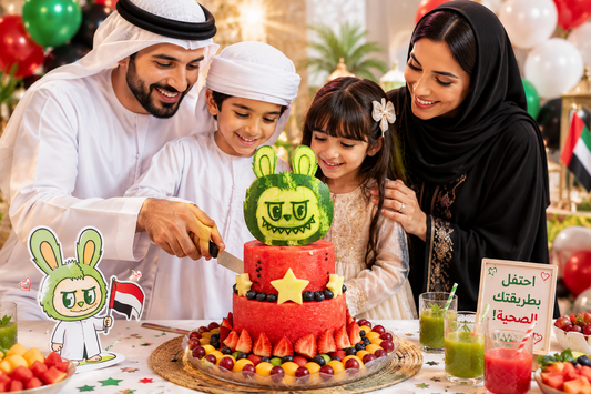 Family cutting gulf fruits Labubu healthy cake