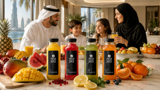 Fresh juice bottles with fruits on a luxury breakfast table with a UAE family enjoying a healthy morning.