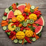 Gulf fruits cut fruits and cut vegetables placed on table surface