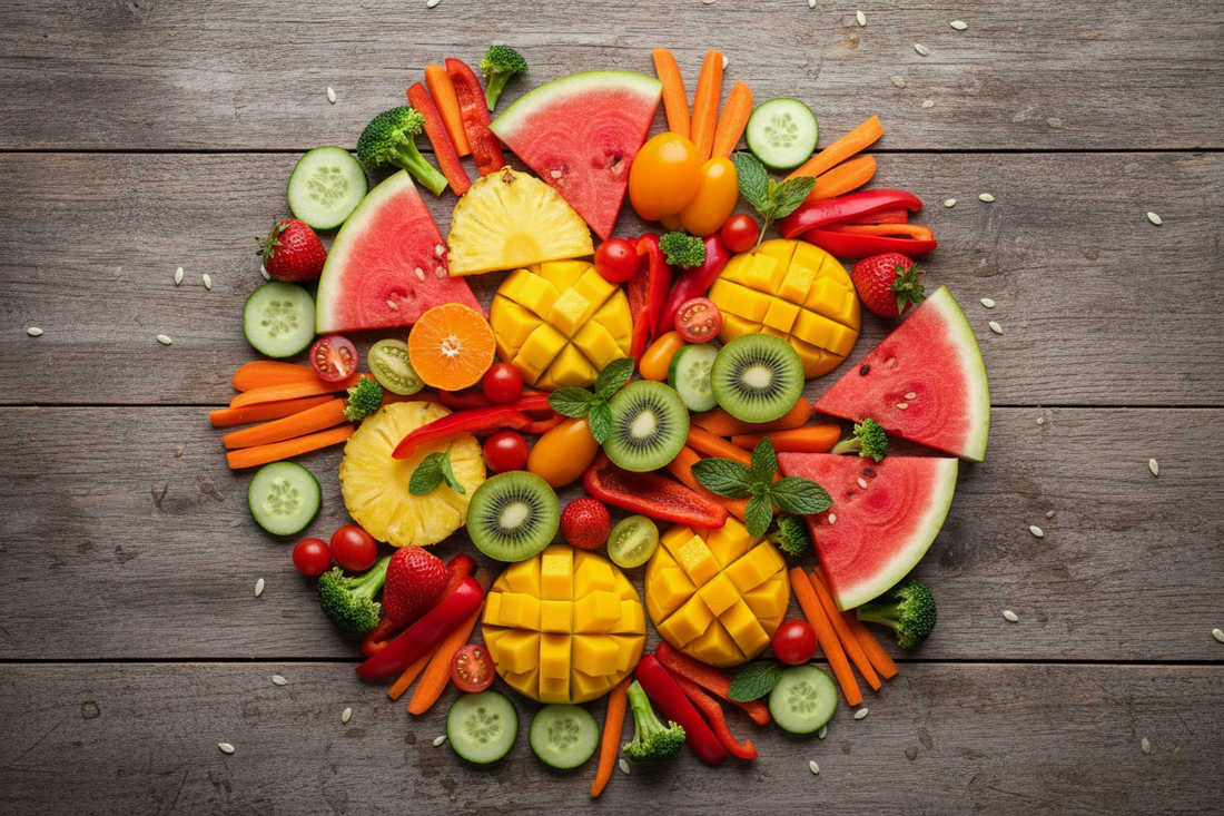Gulf fruits cut fruits and cut vegetables placed on table surface