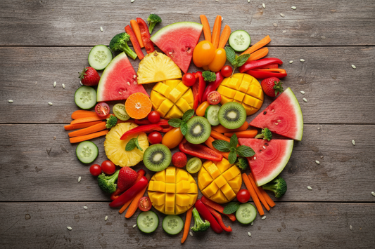 Gulf fruits cut fruits and cut vegetables placed on table surface